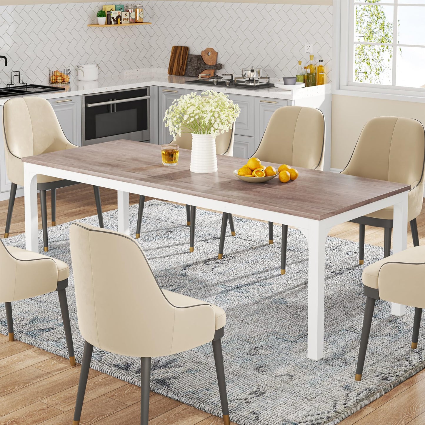 Tribesigns Dining Table, Industrial Kitchen Table for 4-6 People, 200 x 70 x 75 cm, Rectangular Dining Table for Dining Room, Kitchen, Living Room, with Heavy Duty Metal Legs, Oak