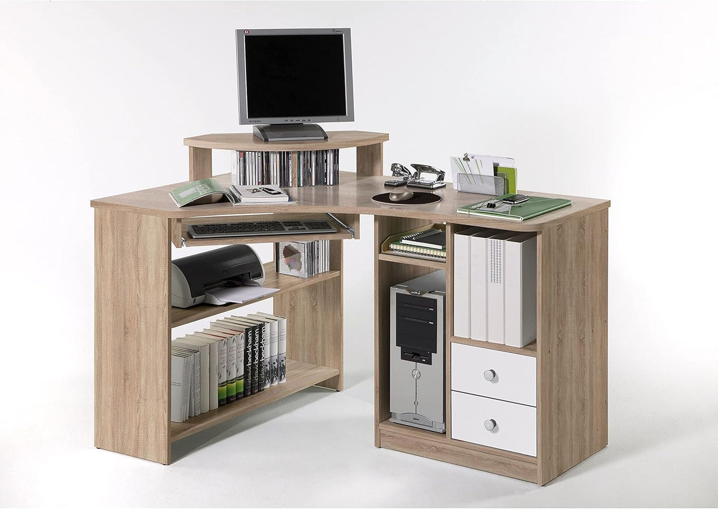 Tango Corner Desk with Keyboard Shelf and Wooden Decoration – Sonoma/White 135 x 94 x 95 cm