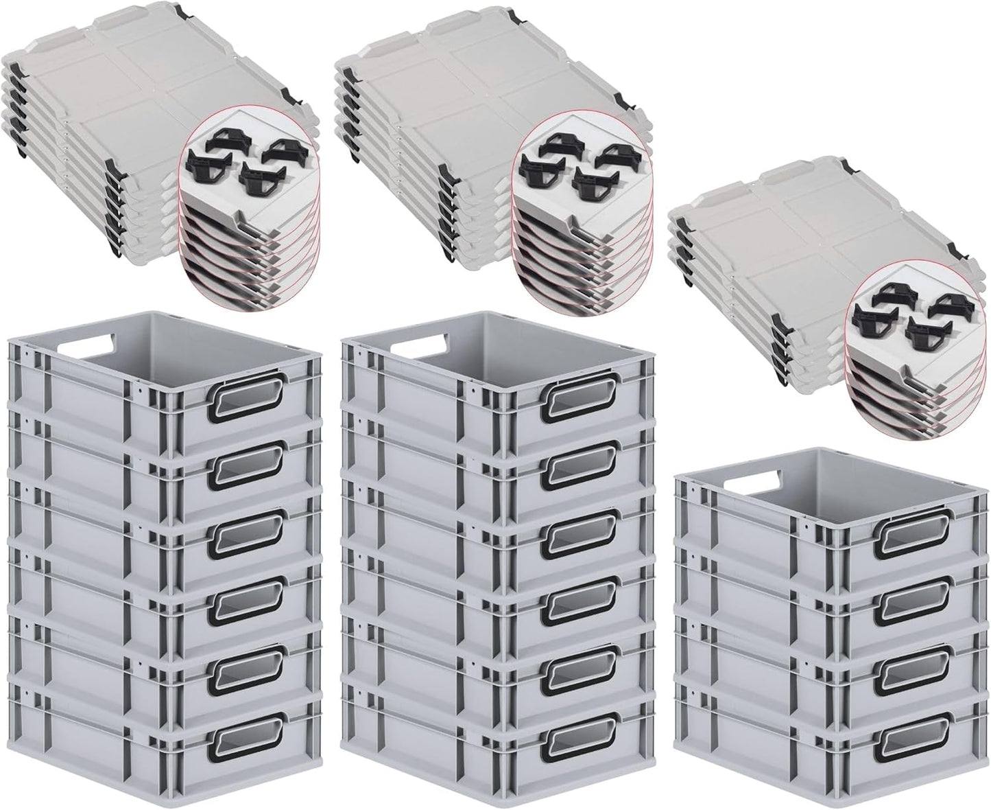 PROREGAL Economy Set of 5 Eurobox NextGen Colour with Lid and Sliding Snap Fasteners, H x W x D 22 x 30 x 40 cm, 20 L, Black, Closed Handles, Euro Container, Transport Box, Transport Container