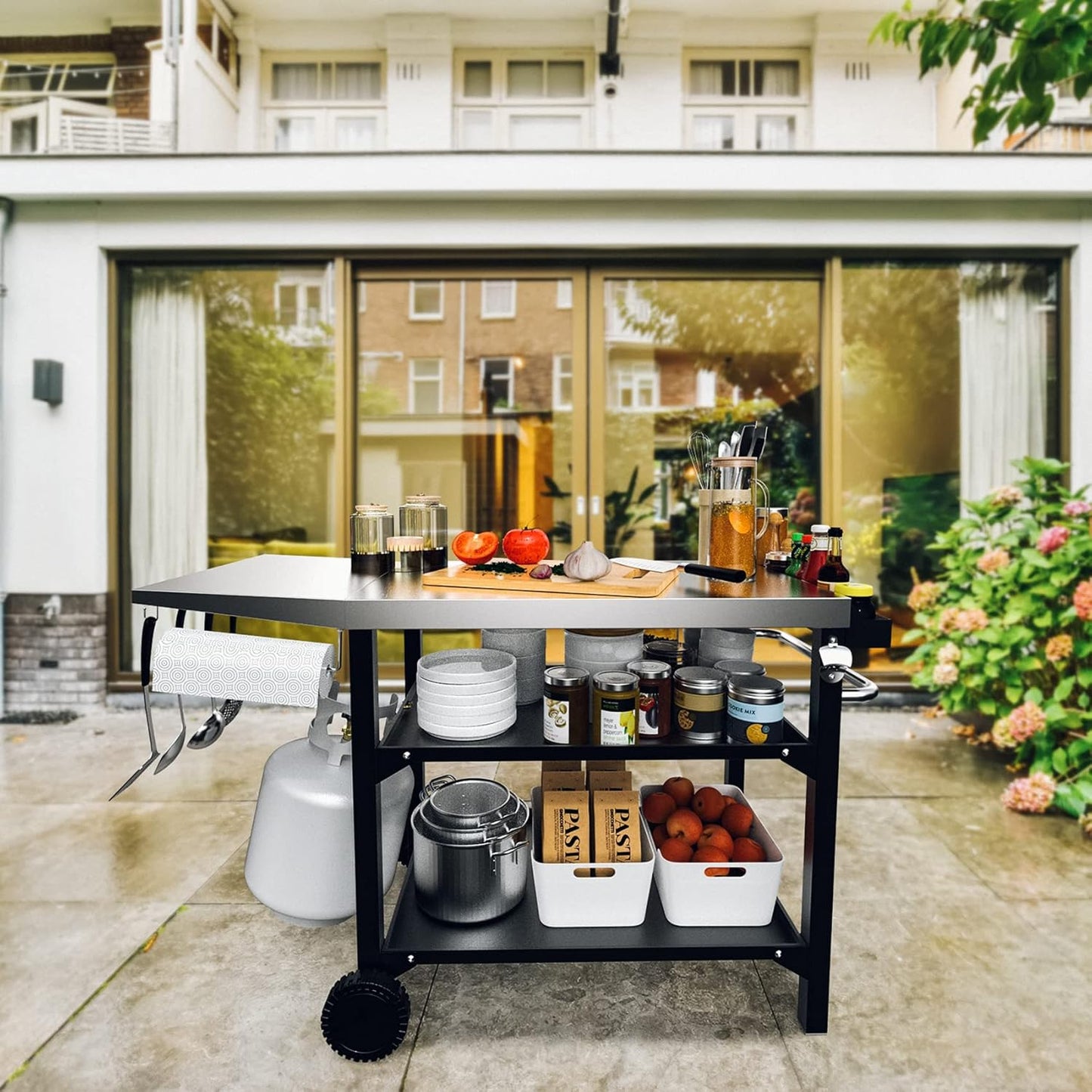 onlyfire Barbecue Trolley 120 × 53 × 81 cm, Grill Table with Large Work Surface, Wheels and Side Table, Serving Trolley 3 Levels, BBQ Table, Outdoor Grill Trolley, Stainless Steel Large Work Surface