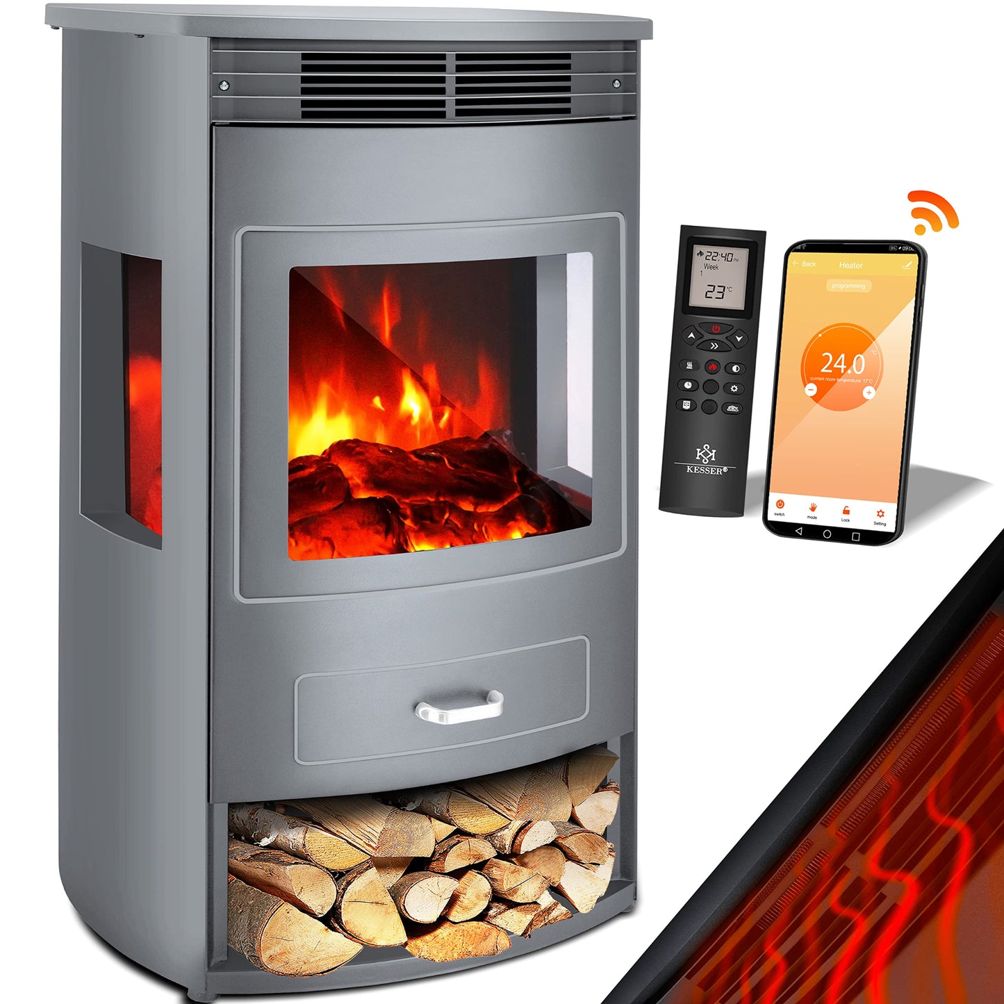 KESSER Prio Electric Fireplace Heater Fan Remote Control WiFi App 950/1900 W Fireplace Electric LED Flame Effect Fireplace Electric Thermostat Panoramic Viewing Window Heating Function Timer, Grey