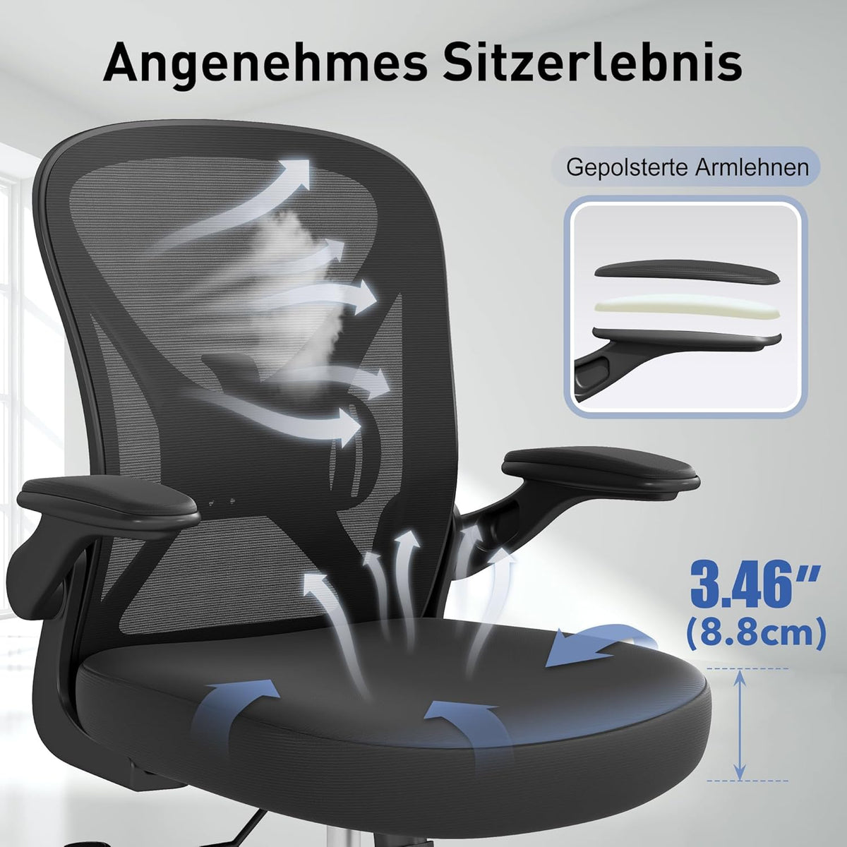 ZZH Ergonomic Desk Chair, Mesh Office Chair with Adjustable Lumbar Support & Folding Armrests, Breathable Computer Chair for Home Office with 360° Rotation & Height Adjustment, Black