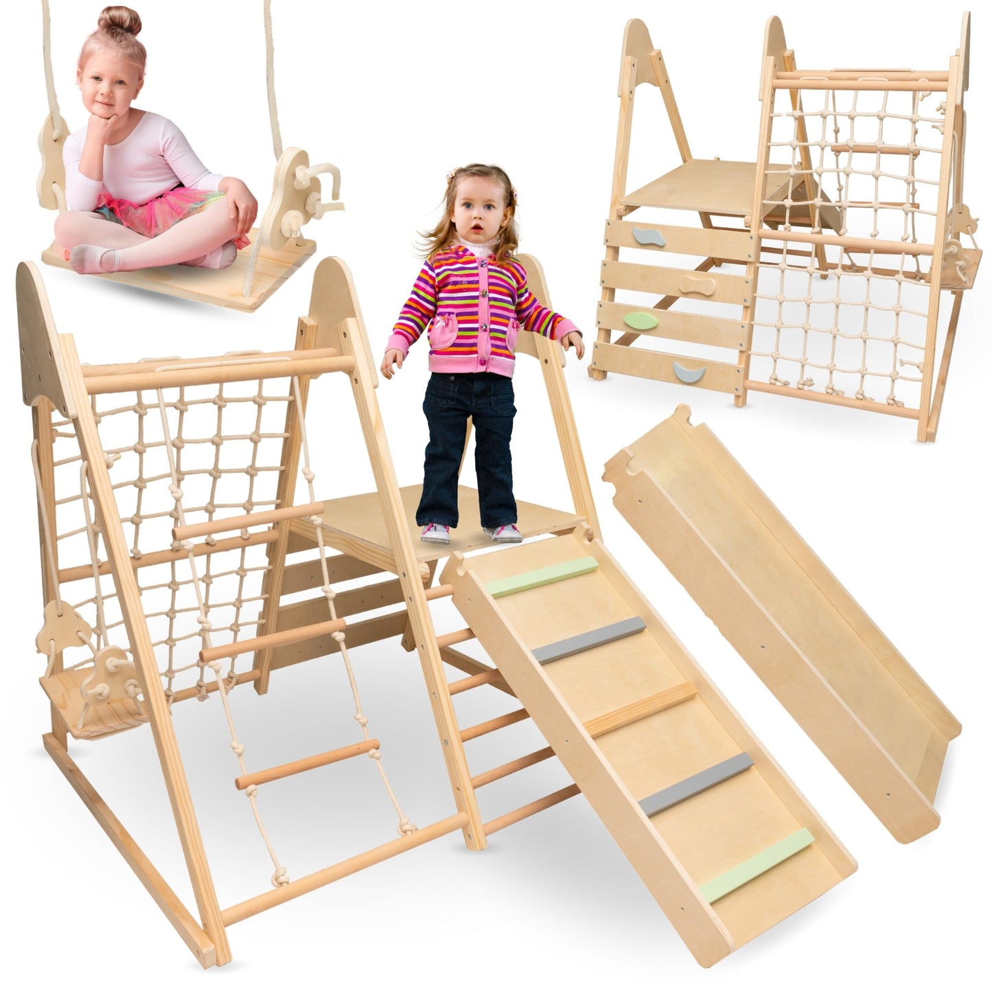 Mamabrum Wooden Pet Playground XL 5-in-1, Slide, Swing, Climbing Wall, Net and Ladder for Active Toddlers, Sturdy, for Active Homepage, Support Baby Development