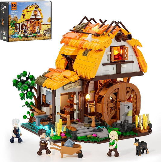 FUNWHOLE Mittelalter-Mühle Beleuchtungsstein-Set – Bewegliche Mühle mit Wasserad und Beleuchtung, 1278 Teile, Sammlerstück für Mittelalter-Fans