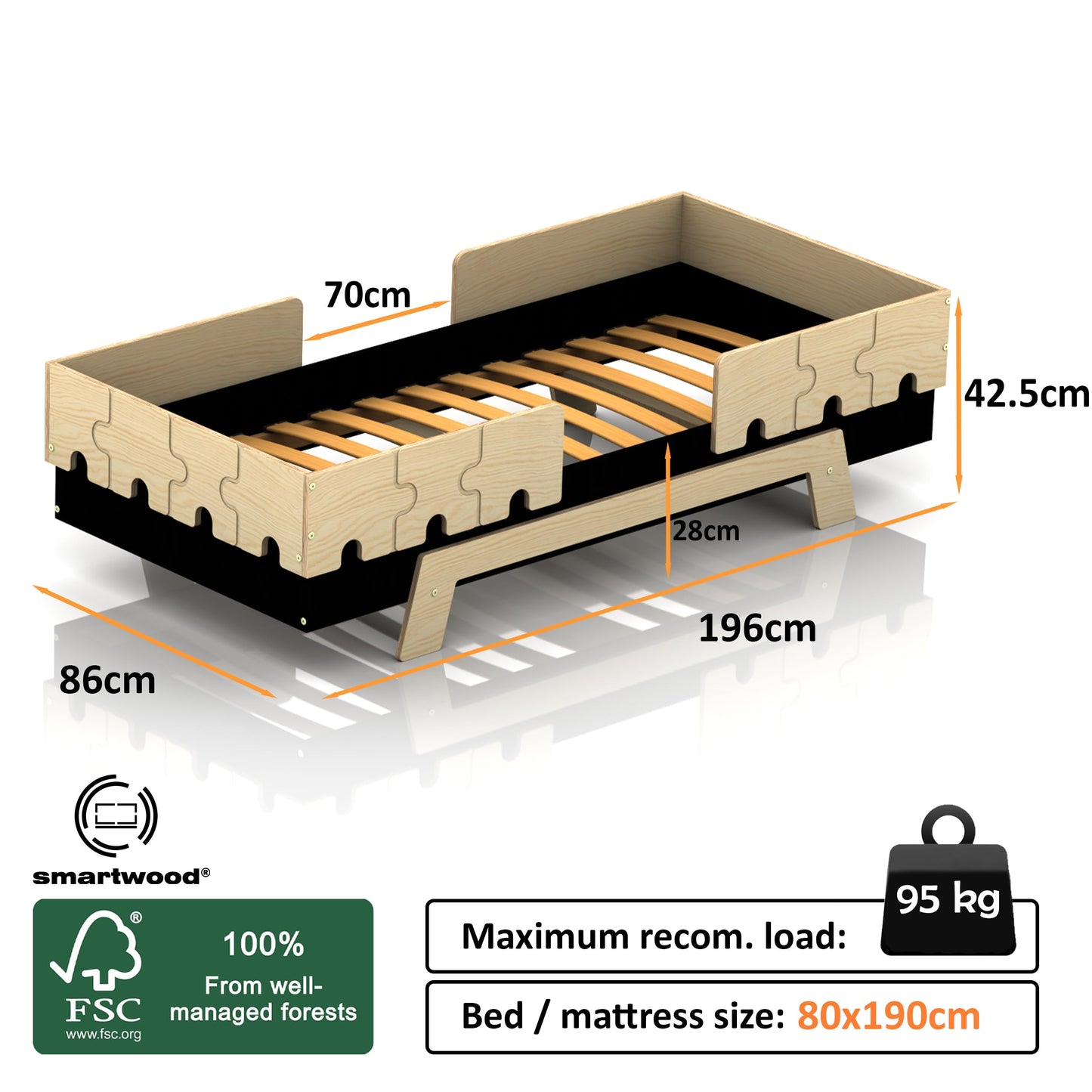 smartwood Kinderbett mit Lattenrost und Rausfallschutz Puzzle BR2 Montessori einzelbett für Jungen und Mädchen - Bett aus Kiefer Sperrholz mit Rausfallschutz und Lattenrost - Grau - 90x200 cm