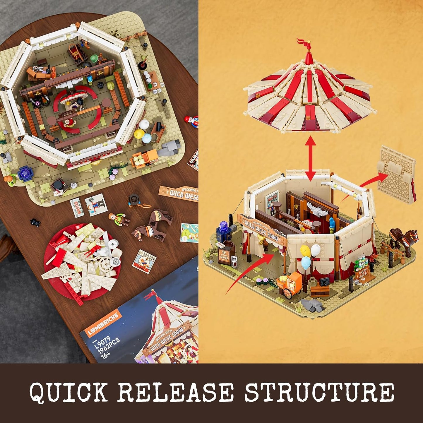 Lumibricks Traveling Circus Bauset mit Licht – 1962 Teile Zirkuszelt mit LED & Minifiguren – Modularer Jahrmarkt für Erwachsene, Westernfans & Freizeitpark-Sammler