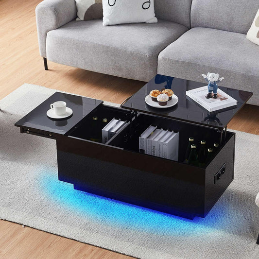 CLIPOP High Gloss Coffee Table, Height-Adjustable Living Room Table, with LED Lighting, Adjustable Light Colours, Socket and USB, Side Table with Hidden Storage Compartment, Black