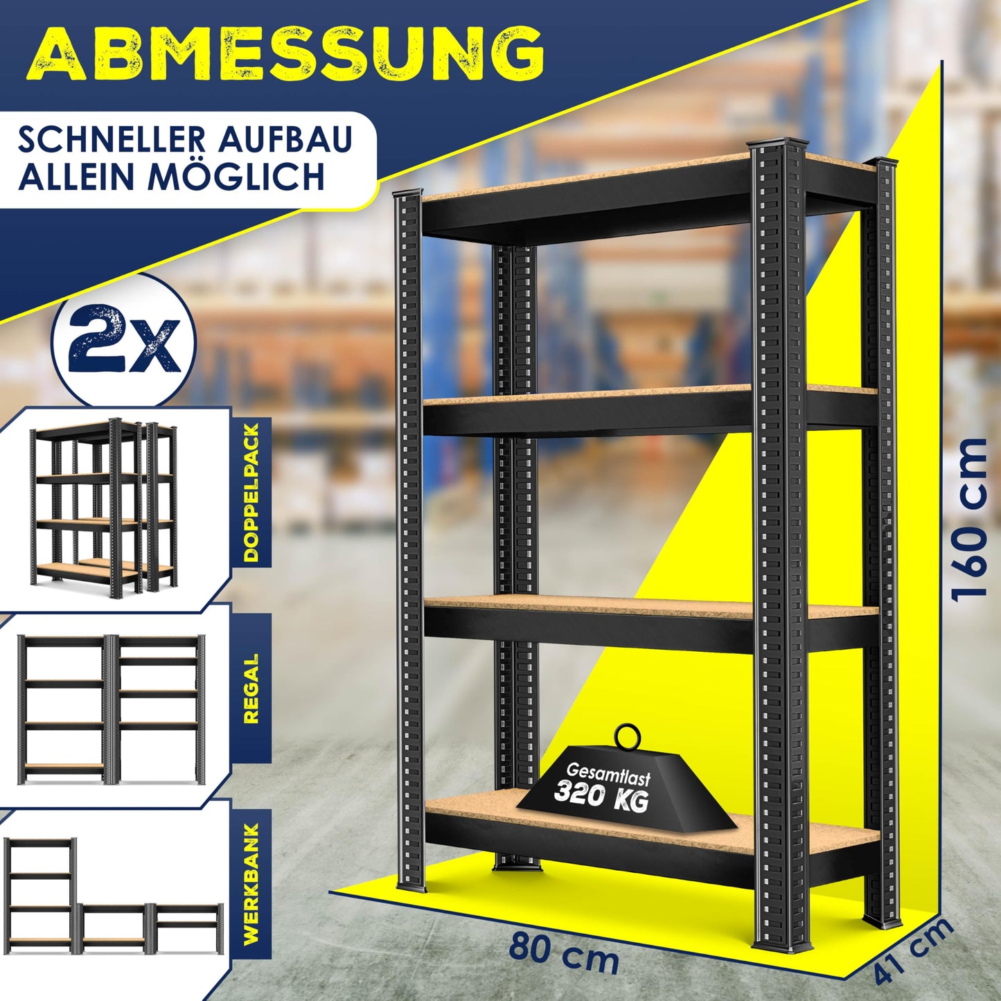 MASKO® Set of 2 Storage Shelves, Heavy Duty Shelves, Basement Shelves, 160 x 80 x 40 cm, Maximum Load 700 kg, 4 Adjustable Shelves, MDF Panels, Boltless Metal Shelf, Workshop, Basement, Garage, Black