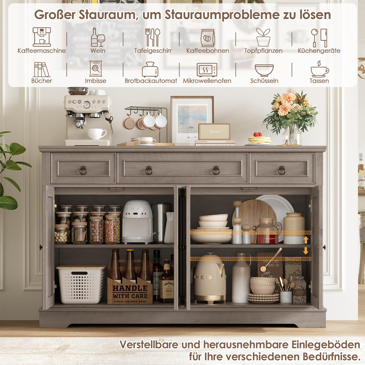 FirFurd Sideboard Kitchen Cabinet with Worktop Buffet Cabinet Sideboard for Kitchen Living Room Cabinet with 3 Drawers and 4 Doors Kitchen Buffet with Adjustable Shelf 134 x 87 x 40 cm White