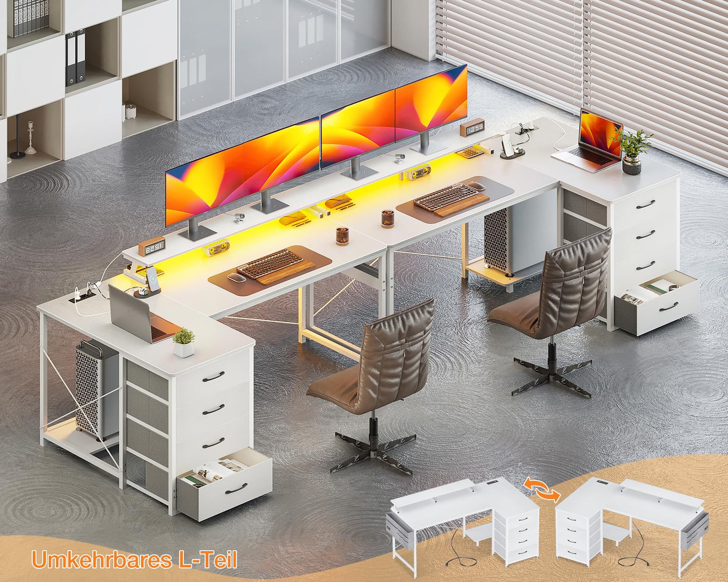 ODK Eckschreibtisch mit 4 Stoff Schubladen, 160x80cm Reversible Schreibtisch L Form mit 2 Steckdosen und 2 USB Ladeanschluss, Gaming Tisch L Form mit LED&Monitorständer für Home Office, Schwarz
