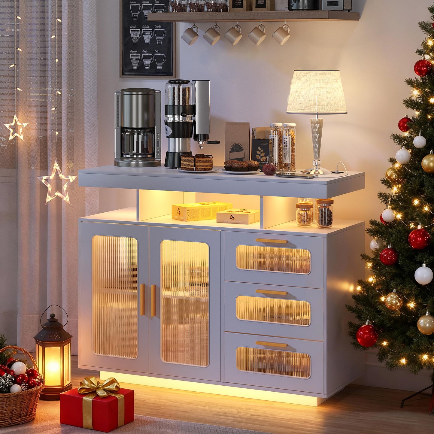 FREDEES RGB Kitchen Cabinet with Charging Station & LED Lighting, Sideboard Buffet Cabinet with Storage Space for Kitchen and Dining Room, Grey