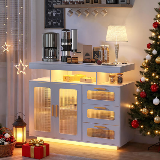 FREDEES RGB Kitchen Cabinet with Charging Station & LED Lighting, Sideboard Buffet Cabinet with Storage Space for Kitchen and Dining Room, Grey