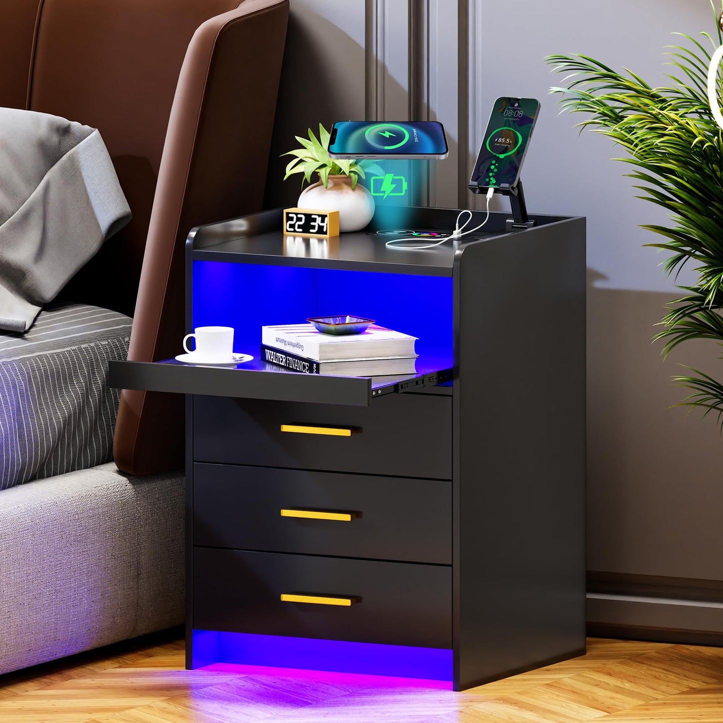 Lvifur Bedside Cabinet Set of 2 with Lighting, LED Bedside Table with Charging Function, 24 Colours Dimmable, Sideboard with 3 Drawers, USB Type-C Automatic Sensor, Bedroom, Grey