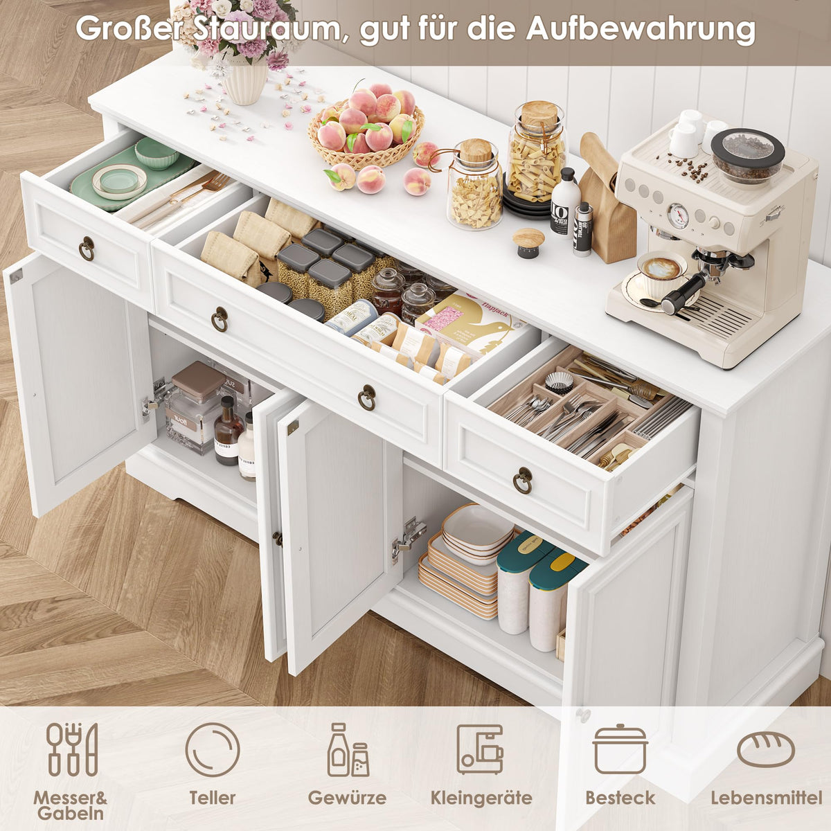 FirFurd Sideboard Kitchen Cabinet with Worktop Buffet Cabinet Sideboard for Kitchen Living Room Cabinet with 3 Drawers and 4 Doors Kitchen Buffet with Adjustable Shelf 134 x 87 x 40 cm White