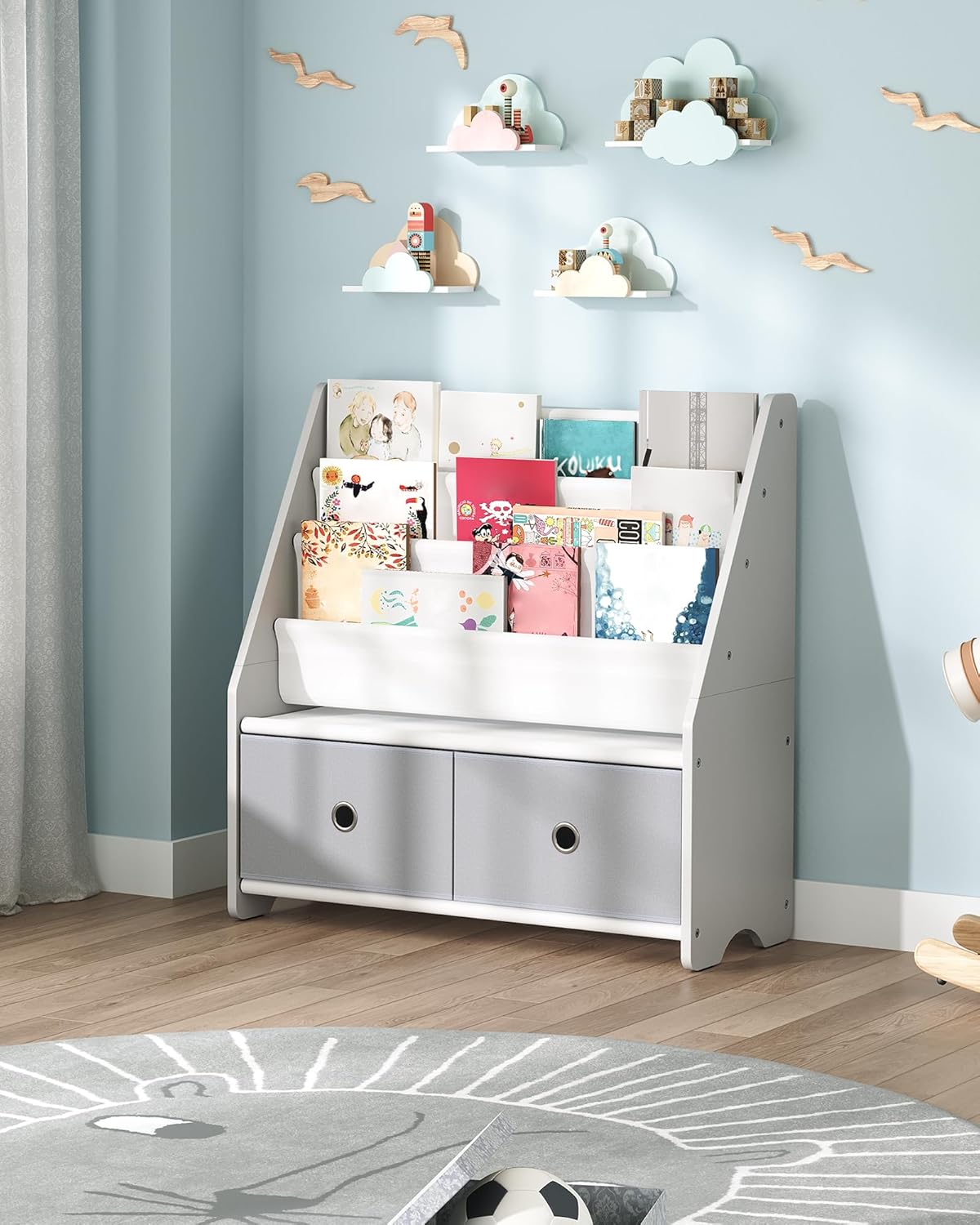 Kids Bookcase, Kids Shelf, Toy Organiser, with 3 Fabric Compartments and 2 Pull Out Toy Boxes, for Kids 3-8 Years Old, for Nursery Playroom, White and Grey DMCW06WT