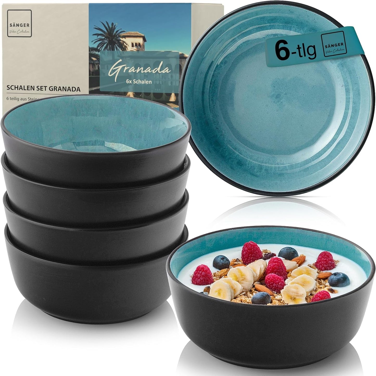 SÄNGER Manila Dinner Service for 6 People, Plate Set, Coffee Mug, Pasta Bowl, 30 Pieces, Stoneware Crockery Set, Dishwasher, Microwave, Scratch-Resistant, Blue with Black Rim, Value Collection