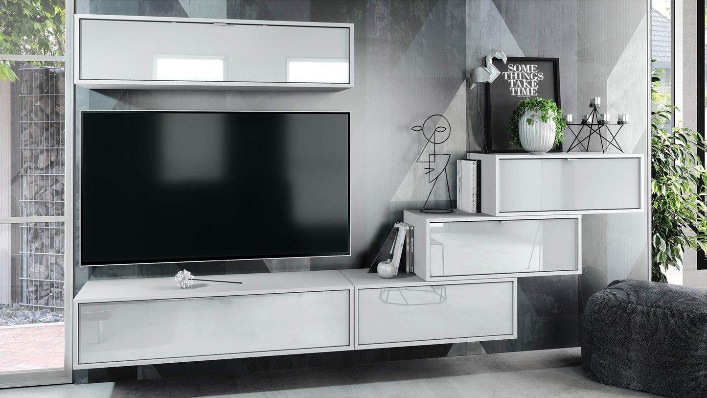 Vladon Lana V1 Wall Unit Made of 5 Hanging Elements with 12 Compartments, Made in Germany, Body in Matte White, Fronts in Bordeaux High Gloss, Large Choice of Colours