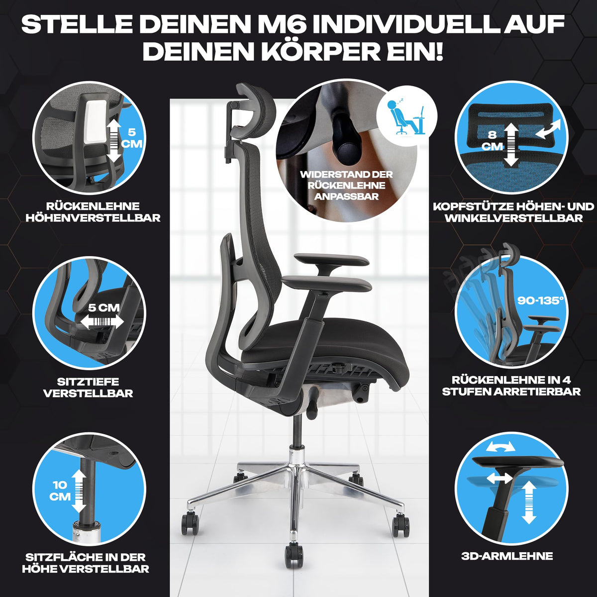 M2 Ergonomic Office Chair, Test Winner with Adjustable Armrest without Headrest for Maximum Freedom of Movement, Back-Friendly, Comfortable Desk Chair for Office and Home Office Chair