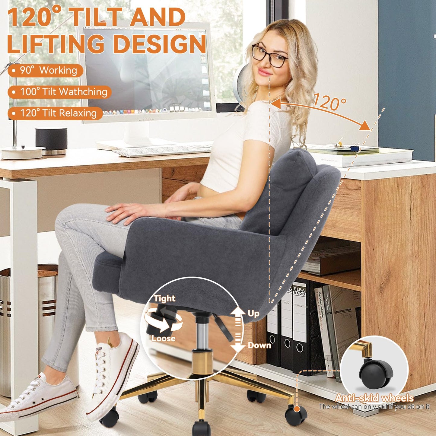 Schreibtischstuhl Polsterstuhl Samt, 360° Drehstuhl mit Rollen, Armlehnstuhl Höhenverstellbar mit Metallbeinen und Kissen, Bürostuhl Beige