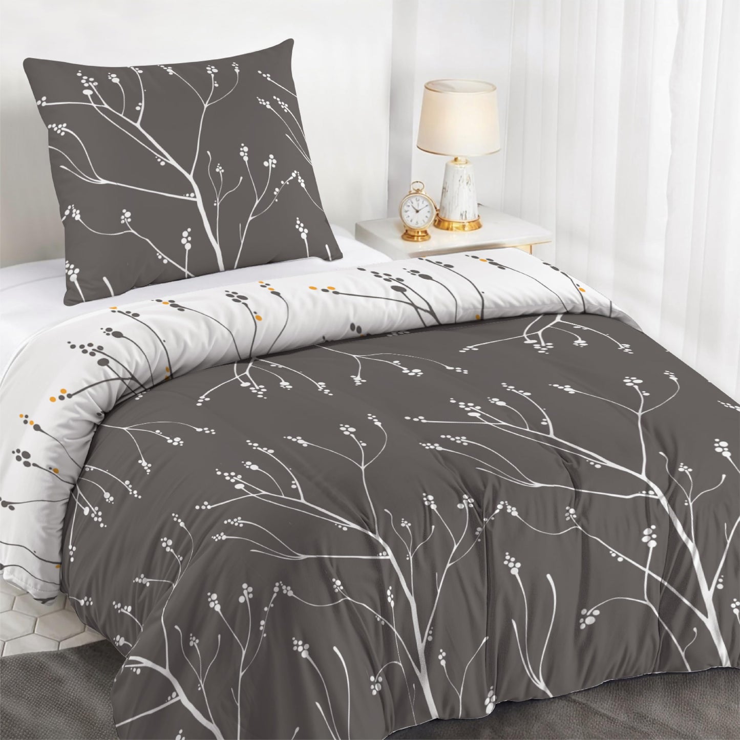 Dreamzie Bed Linen Set 155 x 220 cm with 2 Pillowcases 80 x 80 cm, Botanic Motif Sage Green, Adult Bed Linen, 155 x 220 cm, Made of 100% Microfibre, Certified, No Chemicals (OEKO TEX)