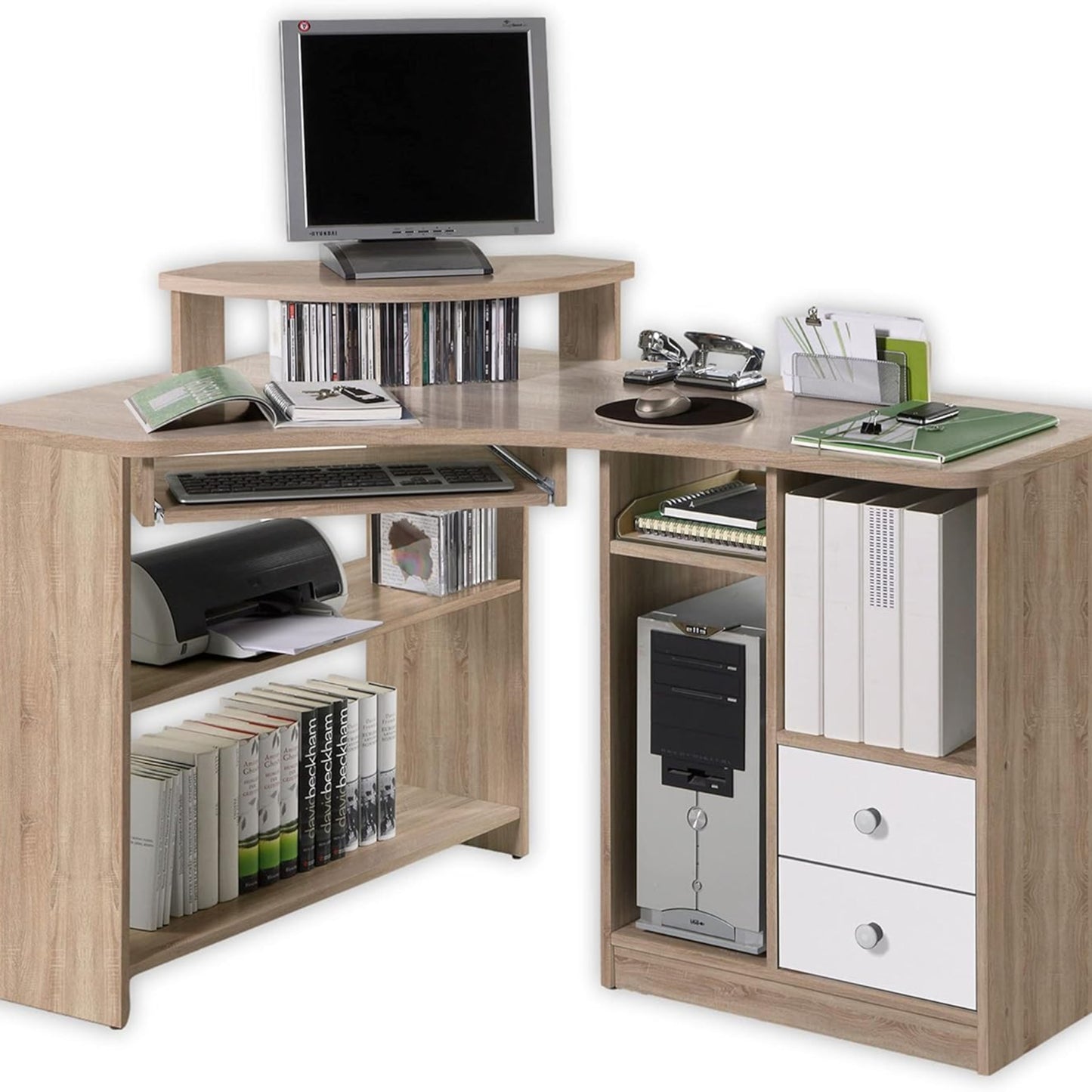 Tango Corner Desk with Keyboard Shelf and Wooden Decoration – Sonoma/White 135 x 94 x 95 cm