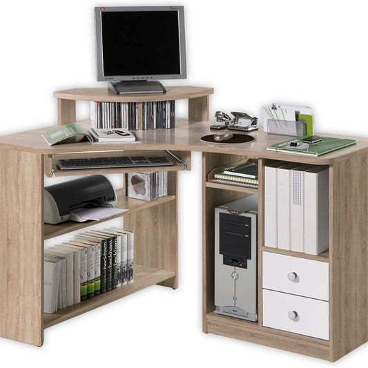 Tango Corner Desk with Keyboard Shelf and Wooden Decoration – Sonoma/White 135 x 94 x 95 cm