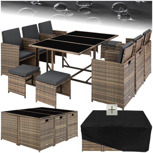 tectake® Outdoor Balcony Garden Furniture Set, Lounge with 6 Chairs, 4 Stools and 1 Table, Poly Rattan Wicker, Weatherproof, Space-Saving - Grey