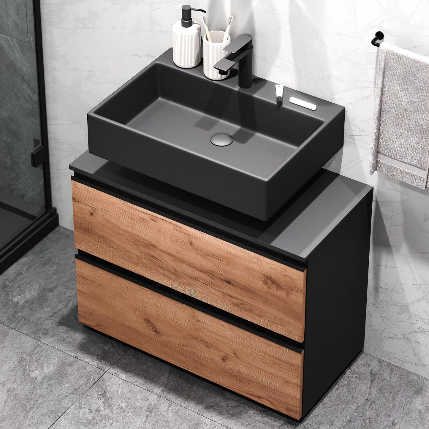 Planetmöbel EDA 80 cm Vanity Unit, Vanity Unit, Bathroom Cabinet for Guest Toilet and Bathroom, Anthracite/Gold Oak