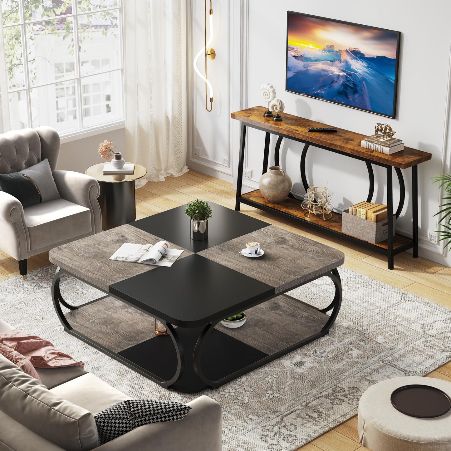 Tribesigns Square Coffee Table for Living Room, 100 x 100 x 50 cm, Wood Composite Coffee Table, Low Living Room Table for Modern Living Room, Rustic Brown, Black