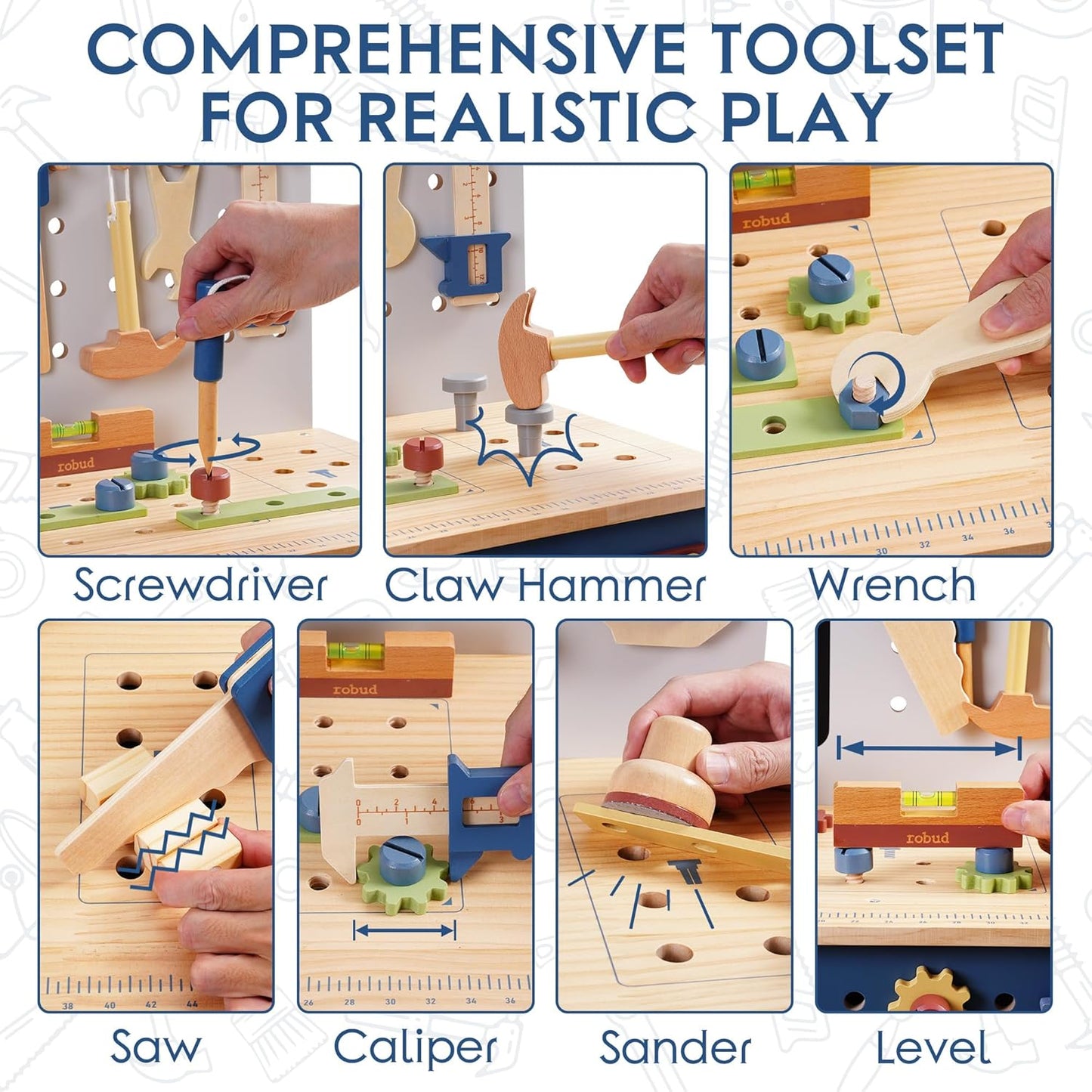 ROBUD Wooden Toy Workbench, Large Children's Wooden Play Tool, Pretend Play Creative Building Set, Construction Workshop Tool Bench Toys, Gift for Girls Boys 3+