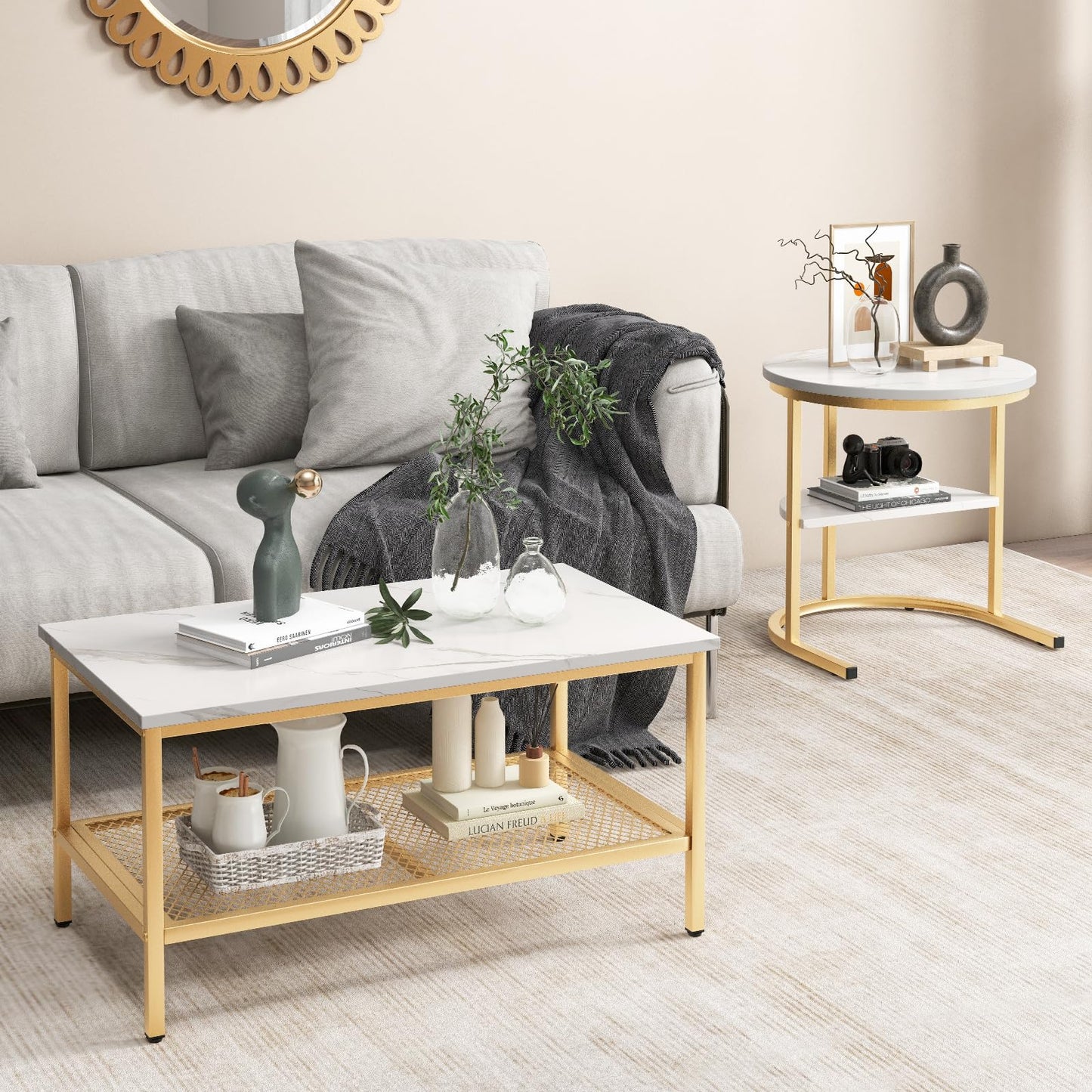 COSTWAY Set of 2 Coffee Tables, Side Tables, Marble Look with Metal Frame and Shelf, Coffee Table, Living Room Table, Sofa Table for Living Room, Bedroom (White + Golden)