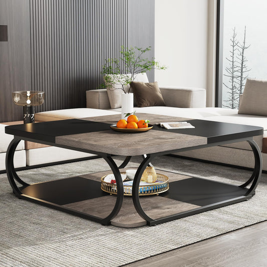 Tribesigns Square Coffee Table for Living Room, 100 x 100 x 50 cm, Wood Composite Coffee Table, Low Living Room Table for Modern Living Room, Rustic Brown, Black