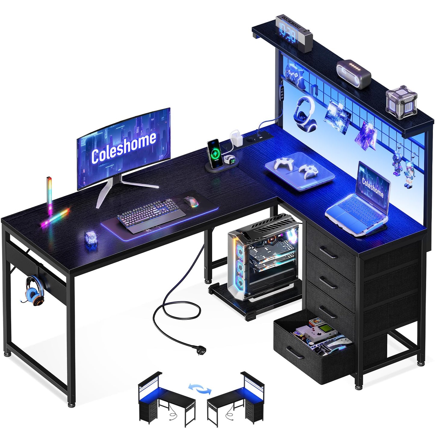 Coleshome Gaming Table with LED, 110 × 80 cm, Reversible Gaming Desk with Drawers & Sockets, Corner Desk with Storage Compartment & Storage Space, Black