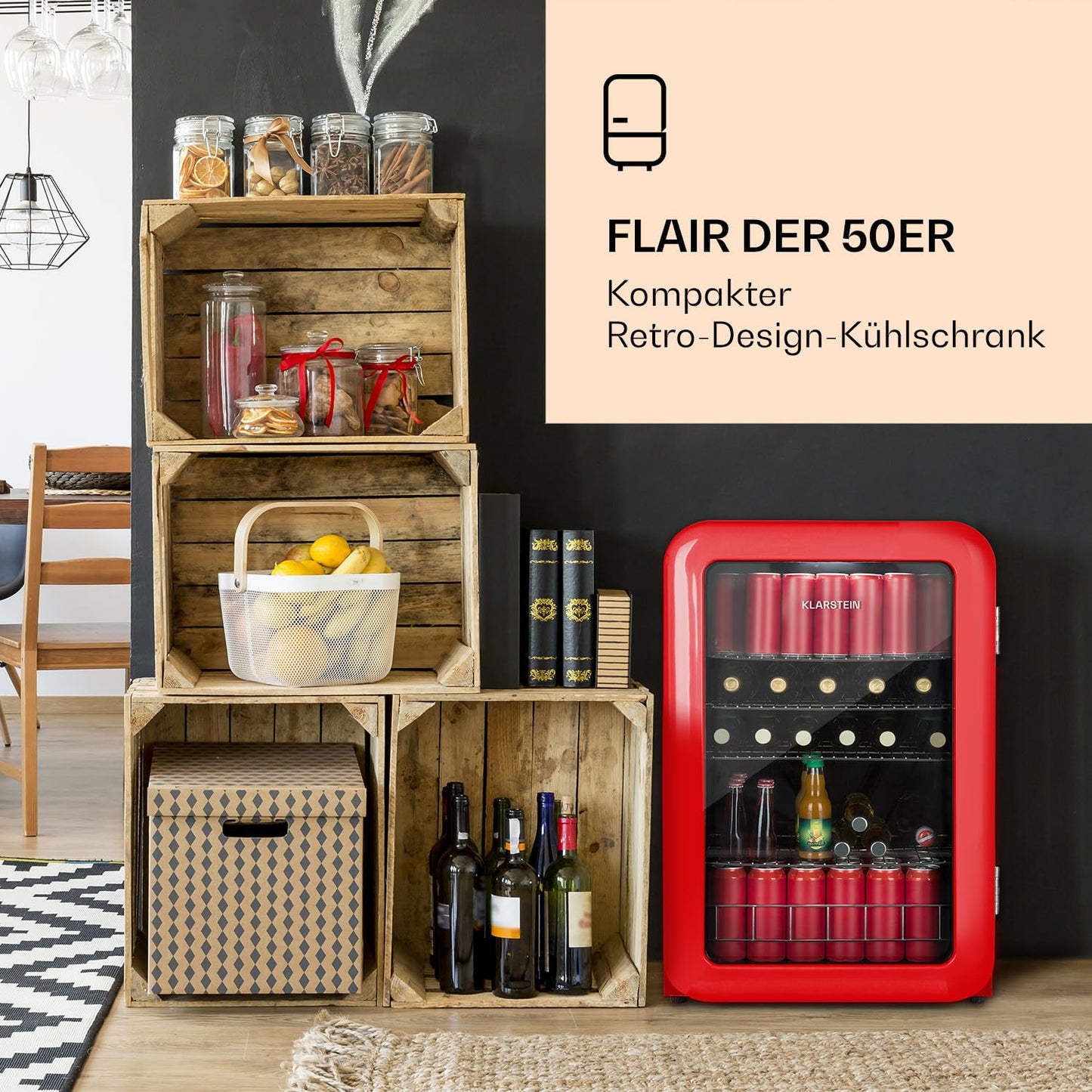 Klarstein PopLife Getränkekühler - Mini-Bar, Retrokühlschrank, 0-10°C, nur 39 dB, 115 L, umweltfreundlich, doppelt verglaste Tür, Retro-Design, rot