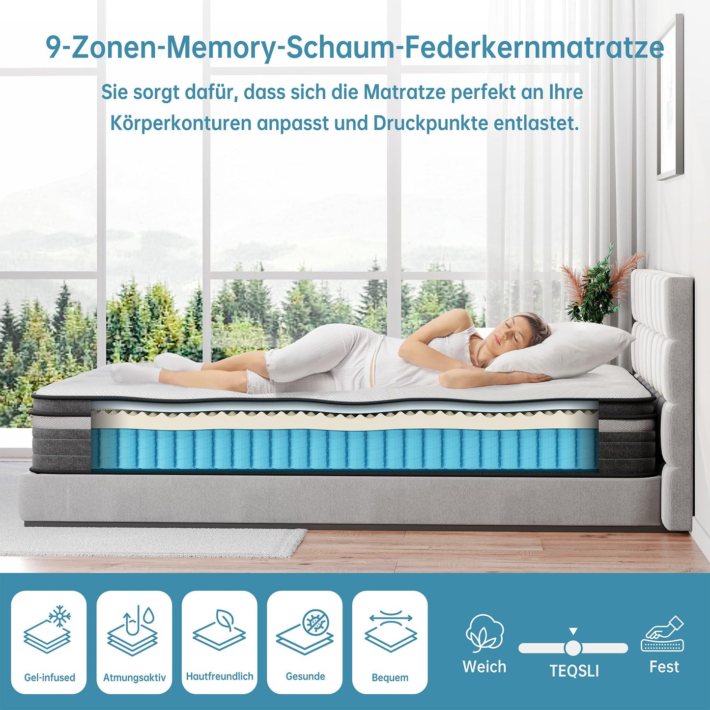 TeQsli Gel Pocket Spring Mattress 180 x 200 cm 25 cm Height 9-Zone Mattress H3 H4 Hardness Orthopaedic & Ergonomic Spring Mattress with Gel Memory Foam, Oeko-Tex & CertiPUR Certified