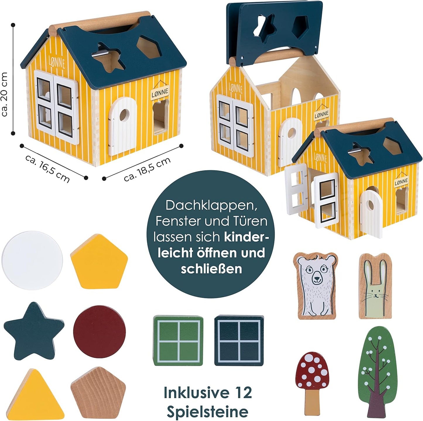 HEJ LØNNE Holz Steckhaus mit 12 Holzbausteine – Montessori Spielzeug zur Förderung von Motorik und Koordination - Steckhaus ab 1 Jahr - Motorikspielzeug