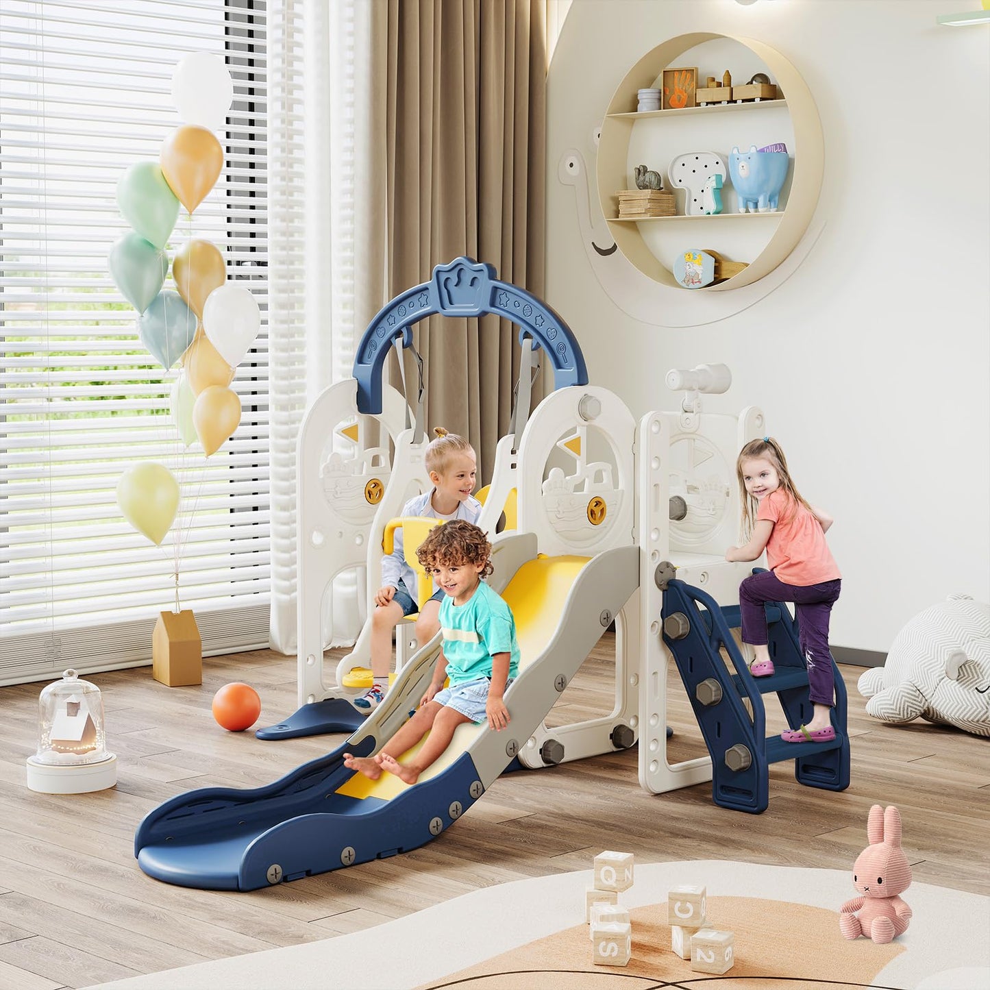 Kinderrutsche, Babyschaukel, 4 in 1, mit Schaukeln, Treppen, Gleiten, Basketballgestellen, Spielplatz für drinnen und draußen, multifunktionale Rutsche (Rosa, Kaninchen)
