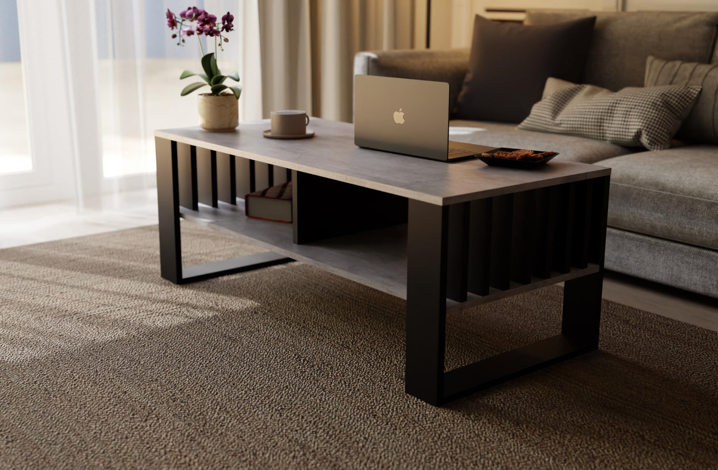 Meble Pitus Coffee Table White - Modern Living Room Table 90 x 50 x 50 cm with Storage Space & Slat Design