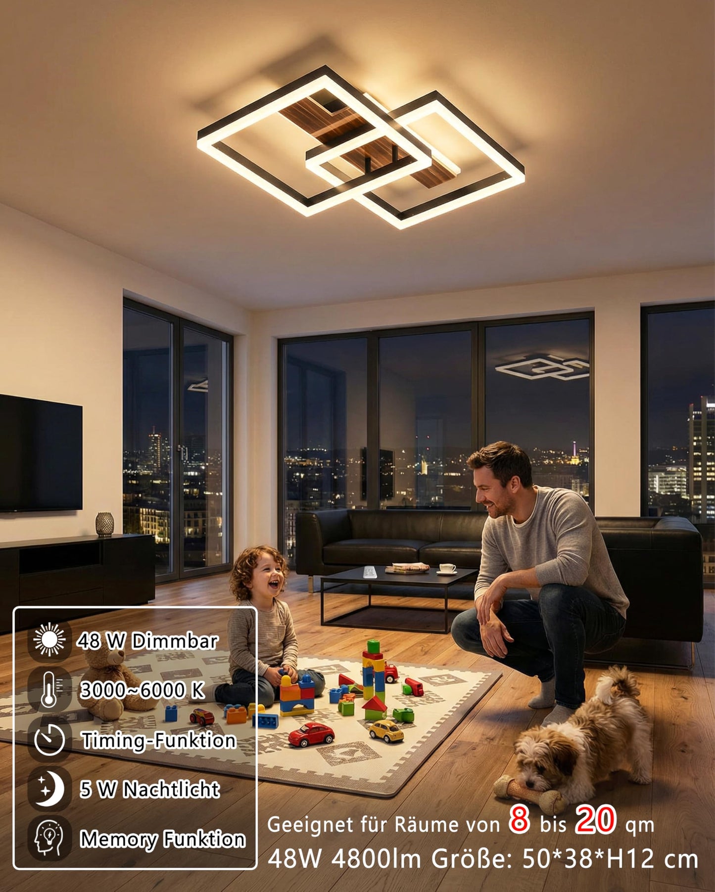 LED Ceiling Light Wood Dimmable, Rotatable 350°, Solid Wood Black Vintage Ceiling Light, 28 W, 40 cm, 2800 lm, 3000 K - 6000 K with Remote Control, Bedroom Lamp, Memory Function, 3 W Night Light