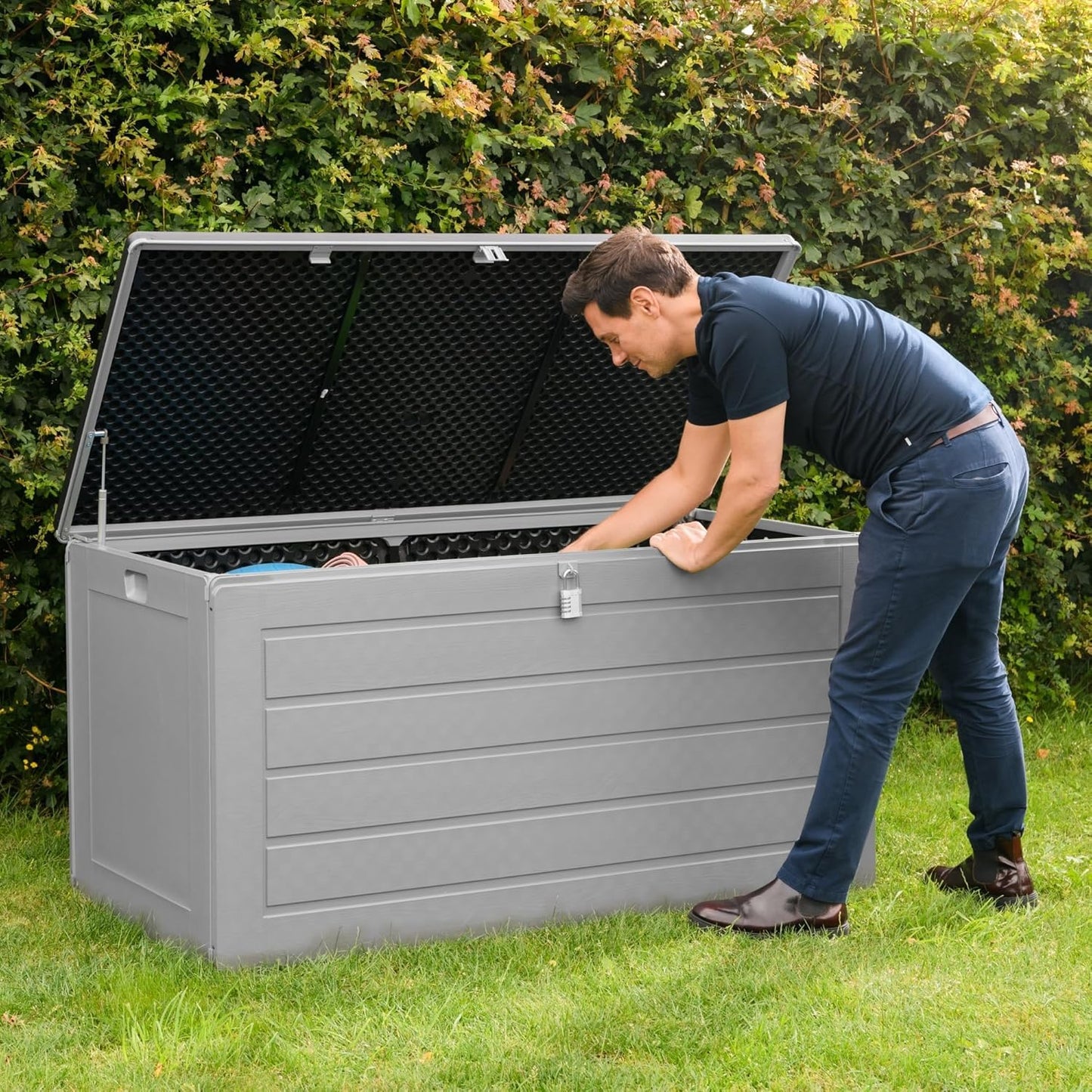 Olsen & Smith 270L Large Capacity Outdoor Garden Storage Box with Padlock Plastic Shed - Weatherproof and Stand Up with Wood Effect Chest (270L, Black)