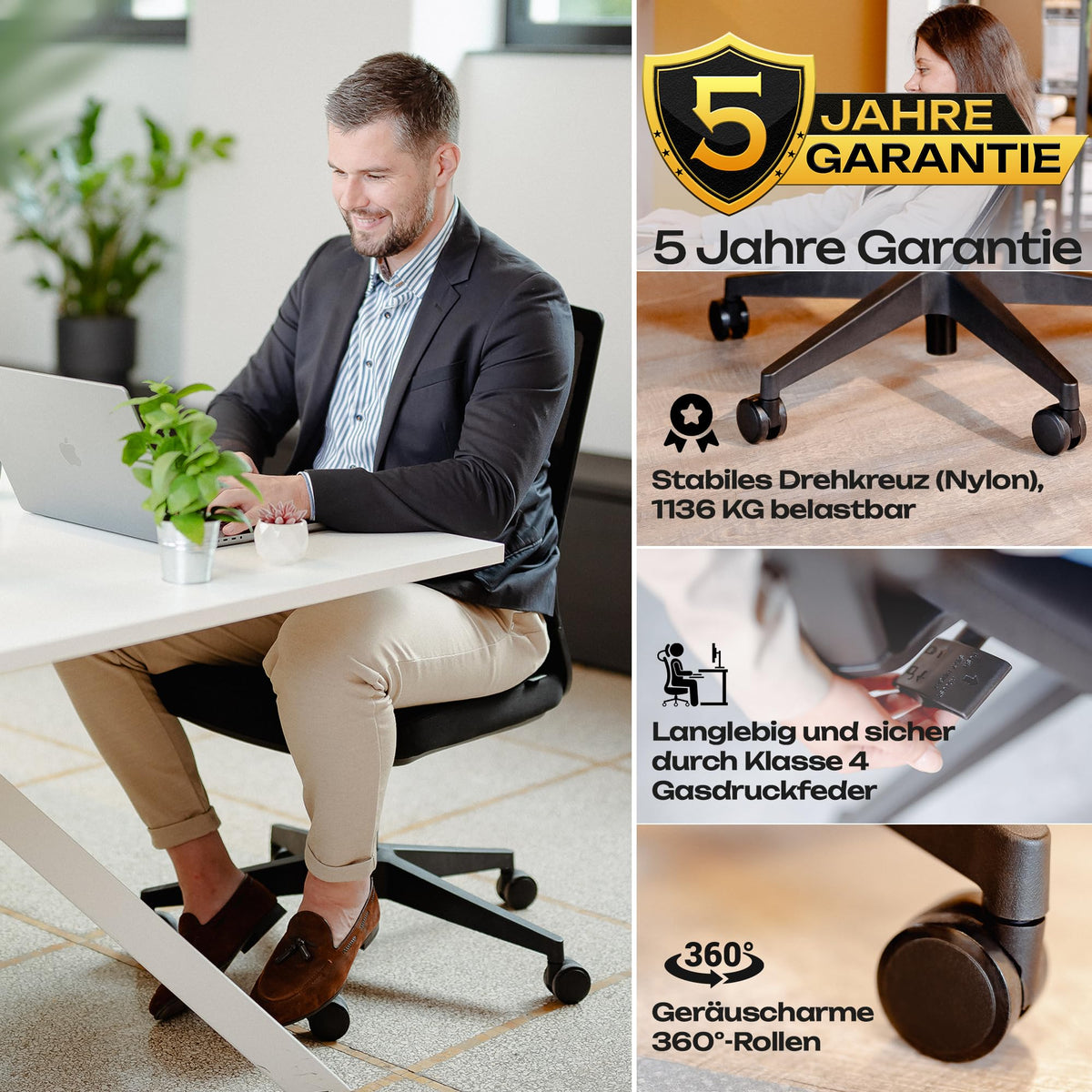 M2 Ergonomic Office Chair, Test Winner with Adjustable Armrest without Headrest for Maximum Freedom of Movement, Back-Friendly, Comfortable Desk Chair for Office and Home Office Chair