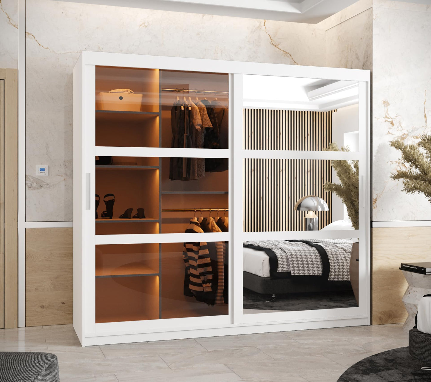 MEBLE KRYSPOL Dome 2 Schrank mit DREI Schiebetüren mit Spiegel, Stangen und Regalen - Aufbewahrungsschrank mit Rauchglas für Schlafzimmer, Wohnzimmer - 200x250x62cm - Schwarz, Schwarz, Schwarz