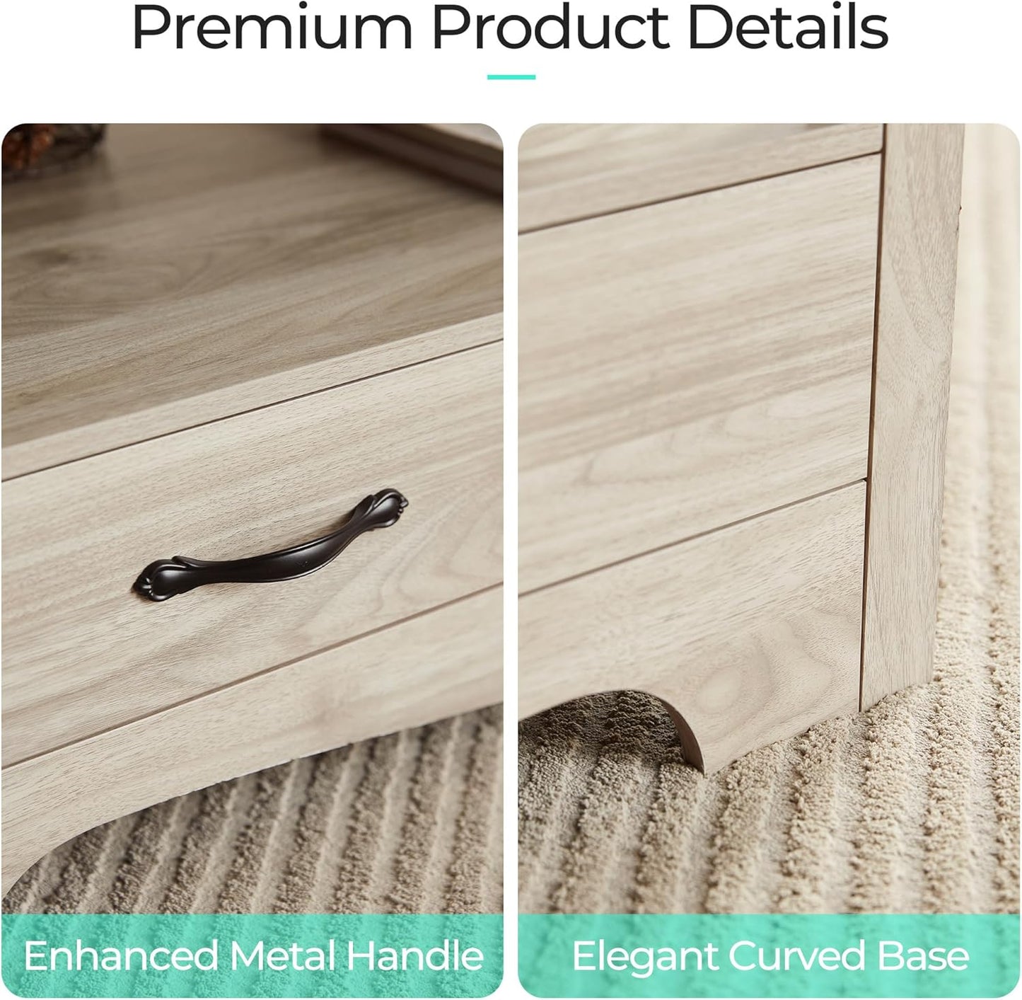 LINSY HOME Farmhouse Coffee Table with Storage Space, Wooden Coffee Table for Living Room, Open Display Area and Storage Drawers with Metal Handles, Chic Style with Curved Base, Oak and