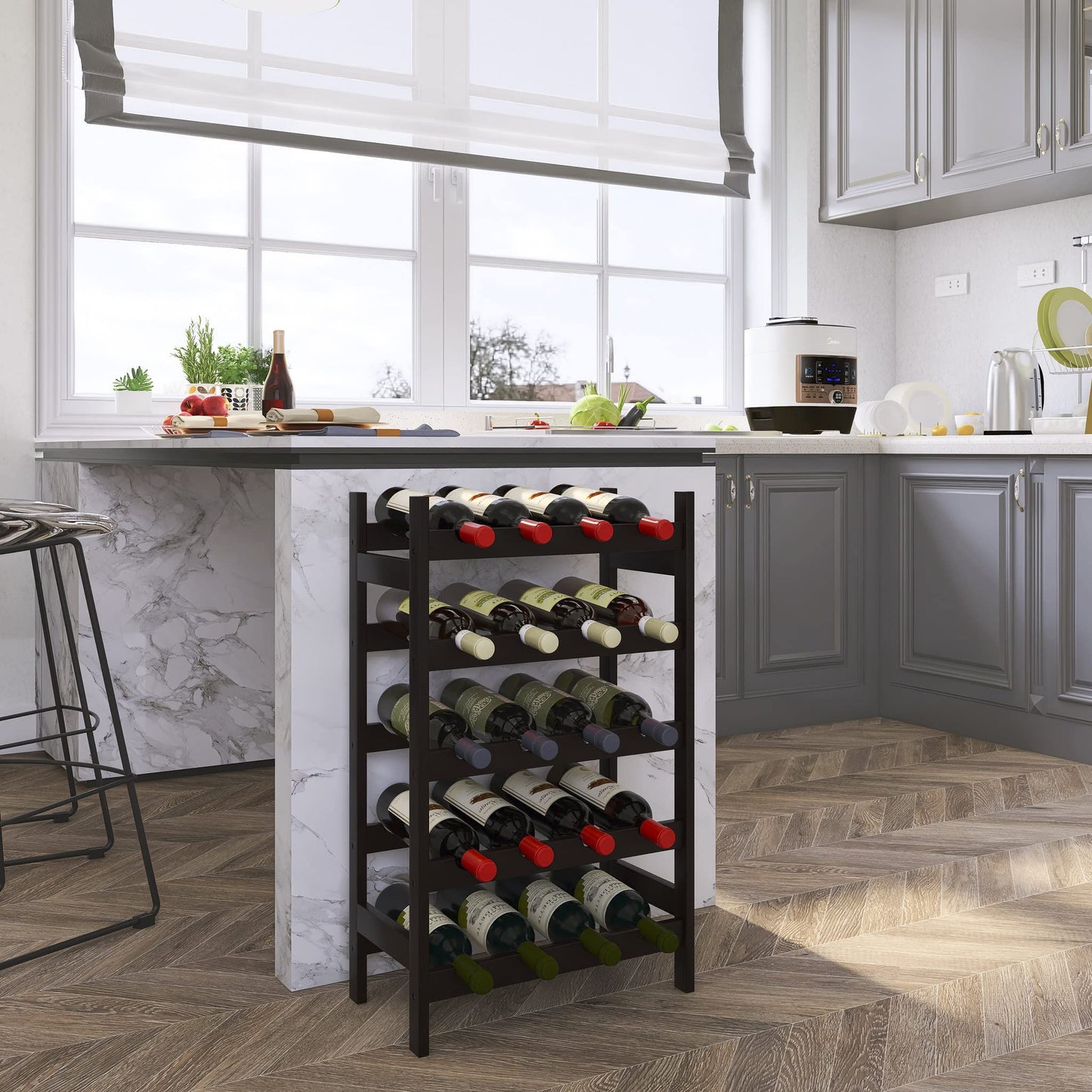 SMIBUY Bamboo Wine Rack, 20 Bottle Display Holder, 5 Tier Freestanding Storage Racks for Kitchen, Pantry, Basement, Bar (Black)