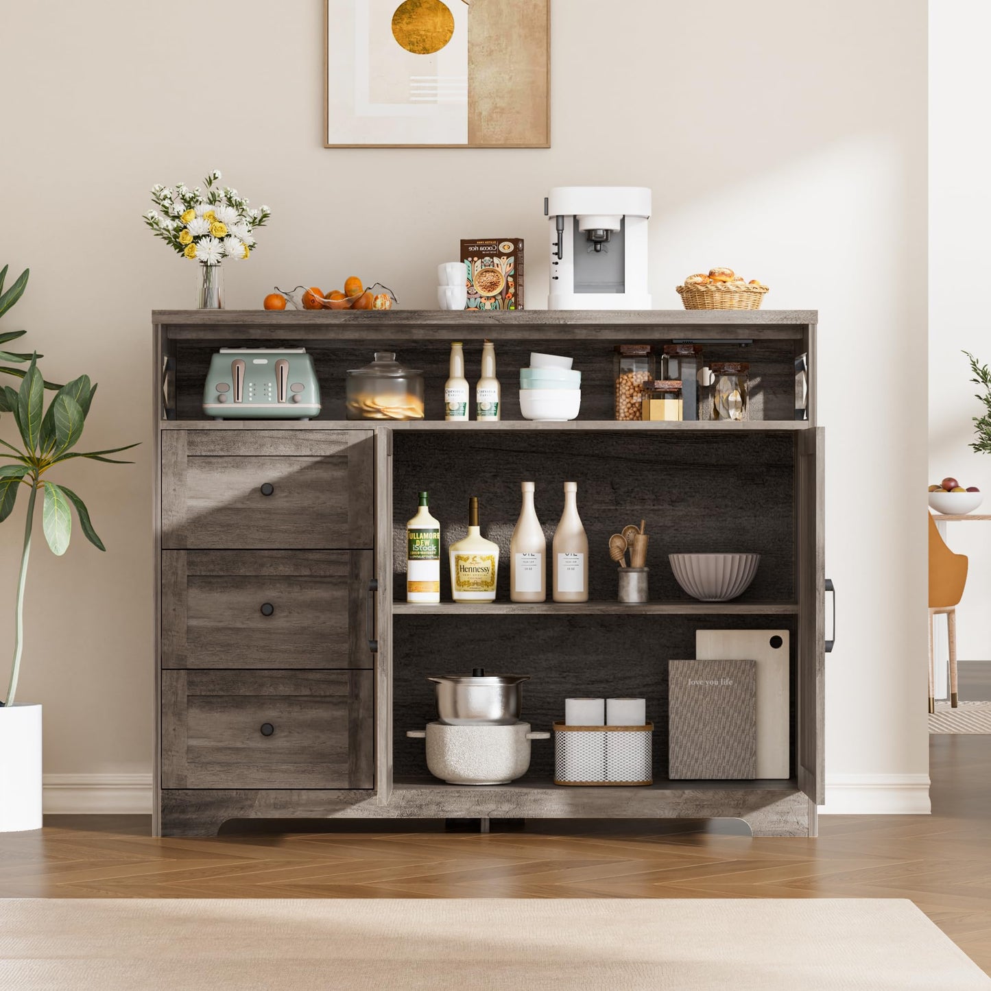 Kitchen Cabinet, Sideboard with Drawers and Open Shelf, Sideboard, Kitchen Cabinet, Coffee Bar Cabinet for Kitchen, Dining Room, Living Room, 120 x 35 x 95 cm, White