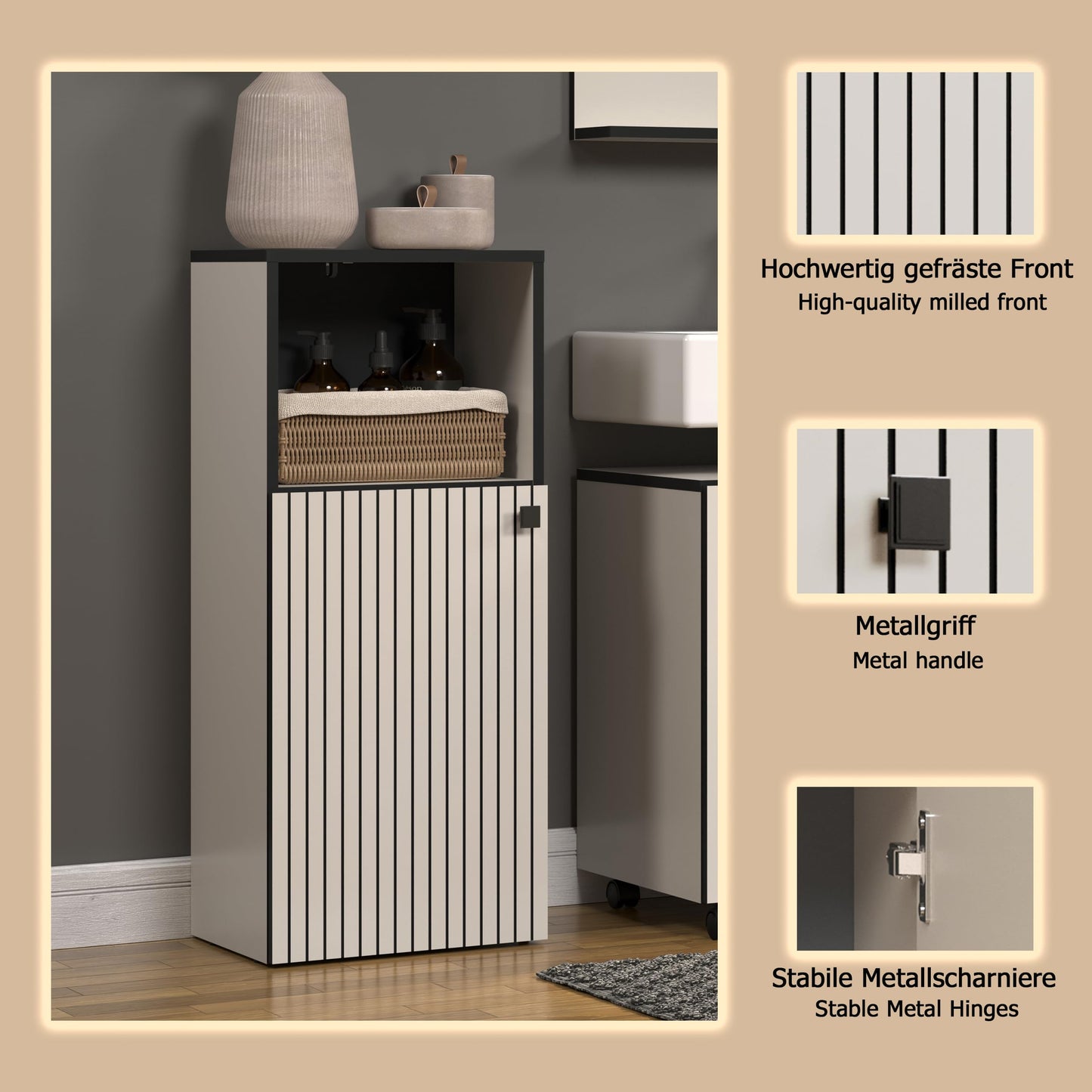 trendteam smart living - PureBliss - Hochschrank - Eiche - Badezimmerschrank in moderner Rillenoptik - edle Metallgriffe - (BxHxT) 40 x 186 x 31 cm - 2 praktische Einlegeböden - kratzfest