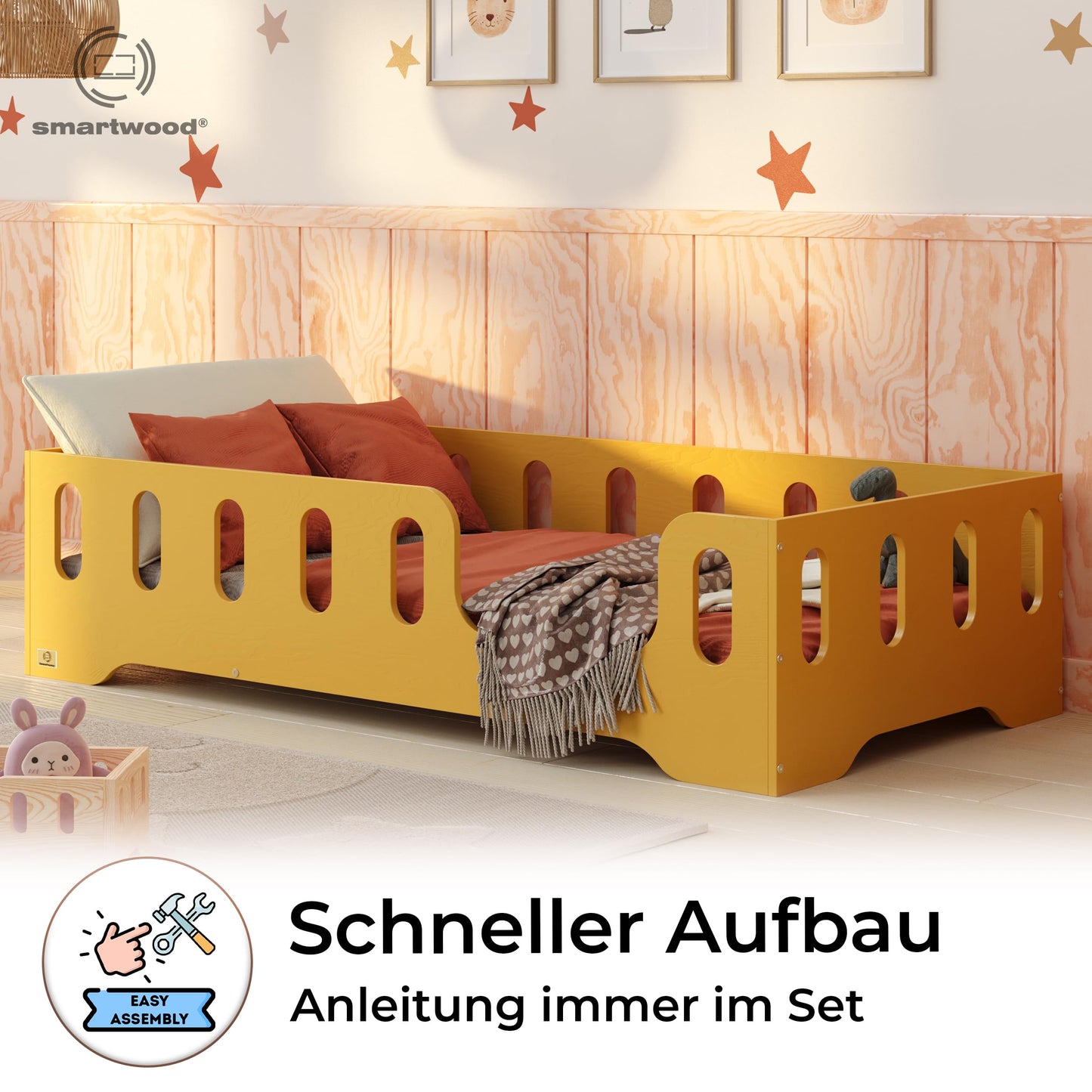 smartwood Montessori Wooden Floor Bed 90 x 200 cm Blue with FSC Certificate TILA 2P with Fall Protection and Slatted Frame Maximum Load 230 kg Easy Assembly