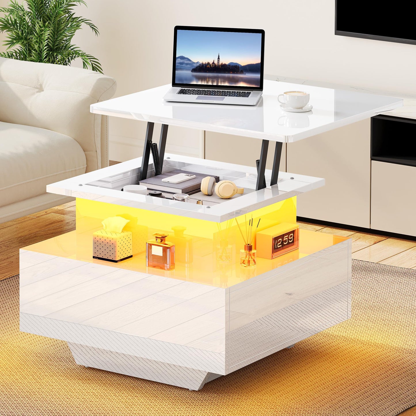 YITAHOME Coffee Table Height Adjustable with LED Lighting Modern 60 x 60 x 45 cm Living Room Table High Gloss with Open Display Shelf and 2 Drawers