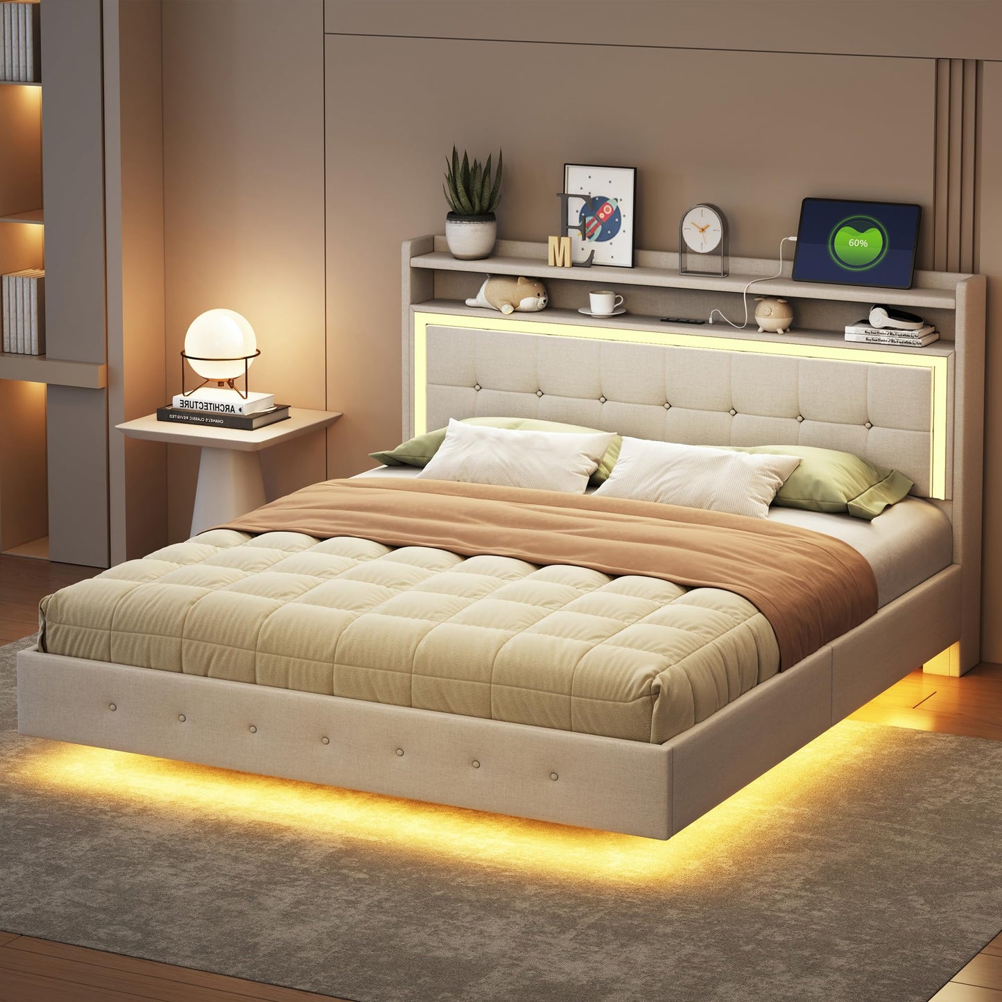 Polsterbett Doppelbett 140x200 cm mit LED-Beleuchtung und USB-Ladeanschluss, Bett mit Stauraumkopfteil, Stauraumbett mit Metallrahmen und Lattenrost aus Holz, Leinen, Beige, Ohne Matratze