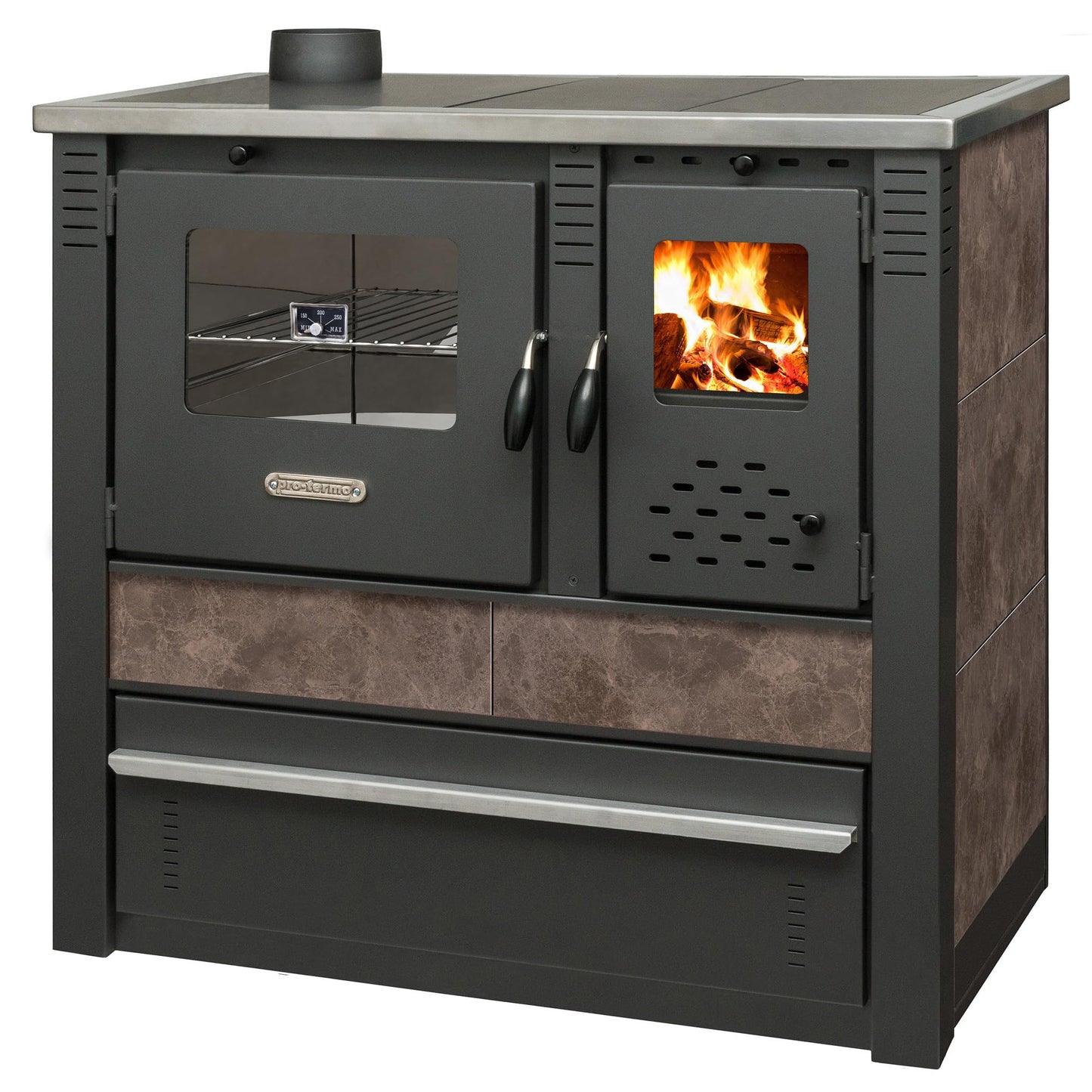 ProTermo Panonia Fireplace in Mocha with Left Flue - 10.54 kW Heating Output - 90 x 51 x 85 cm Wood Stove with Baking Compartment, Thermometer and Hob without Self-Closing Door - Type 2